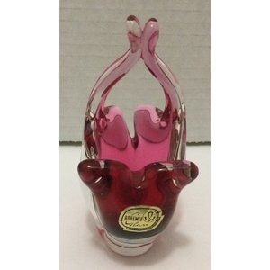 Vtg Bohemia Czech CRANBERRY Crystal Basket w/Handle Hand Made